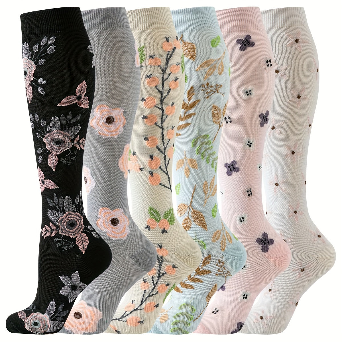 6pcs Floral Compression Socks For Women - Breathable, Moisture-Wicking Nylon Blend, Ideal For Sports & Outdoor Activities Compression Socks Women Plus Size Compression Stockings For Women