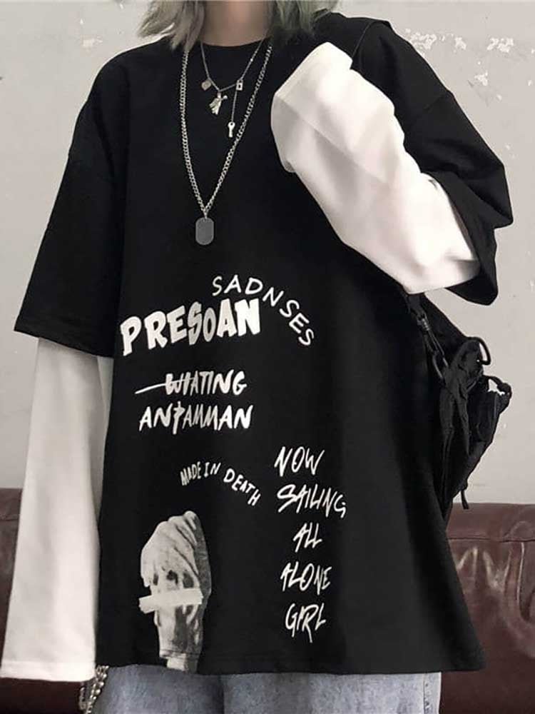NiceMix Black Letter Print Tshirt Loose Punk T-Shirts Womens Autumn High Street T Shirts Funny Long Sleeve Tshirt Streetwear Gir