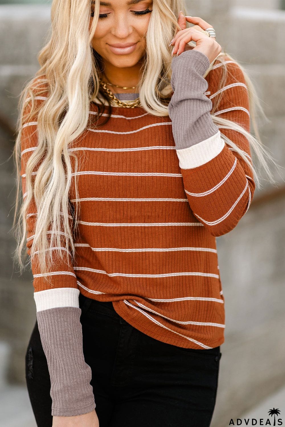 Extend Color Block Cuffs Rib Knit Striped Pullover