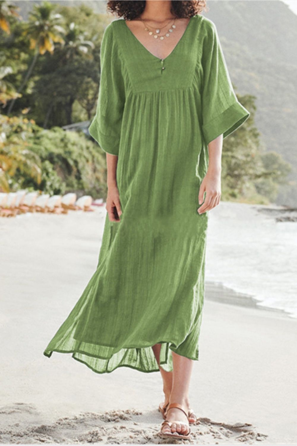 New Spring European And American Fashion Solid Color Loose Cotton And Linen Split Dress Women