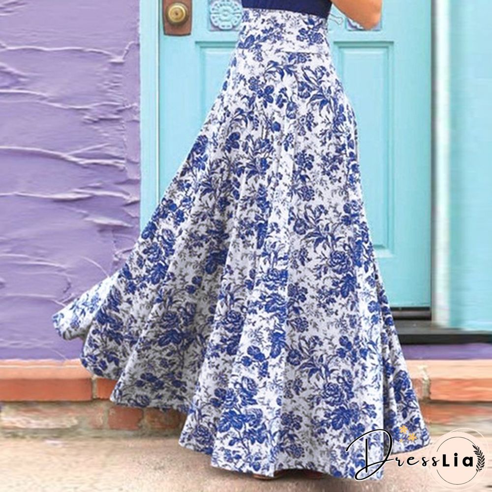 Womens A Line Skirts Summer Floral Printed Casual Loose High Waist Dress