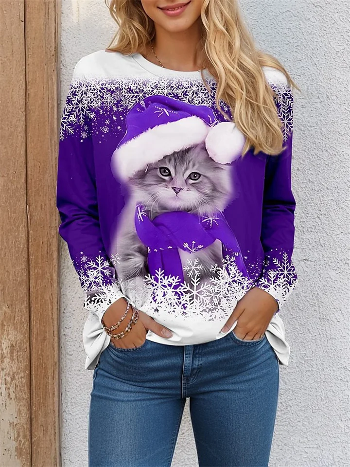 Christmas Cat Christmas Hat Long Sleeve T-shirt 3D Christmas Printed Women's T-shirt