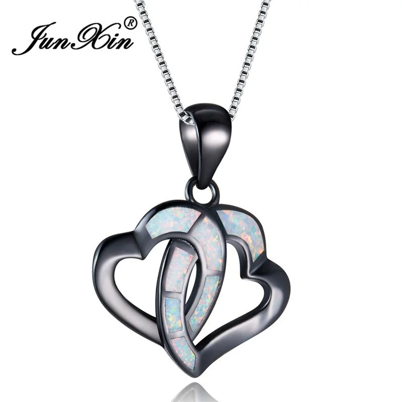 JUNXIN Romantic Black Gold Filled White/Blue Fire Opal Necklace Love Infinity Double Heart Pendants For Women Wedding Choker