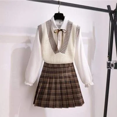 Dark Academia Casual Sweater Vest+ Long Sleeve White Blouse+ A Line Plaid Mini Skirt SP16422