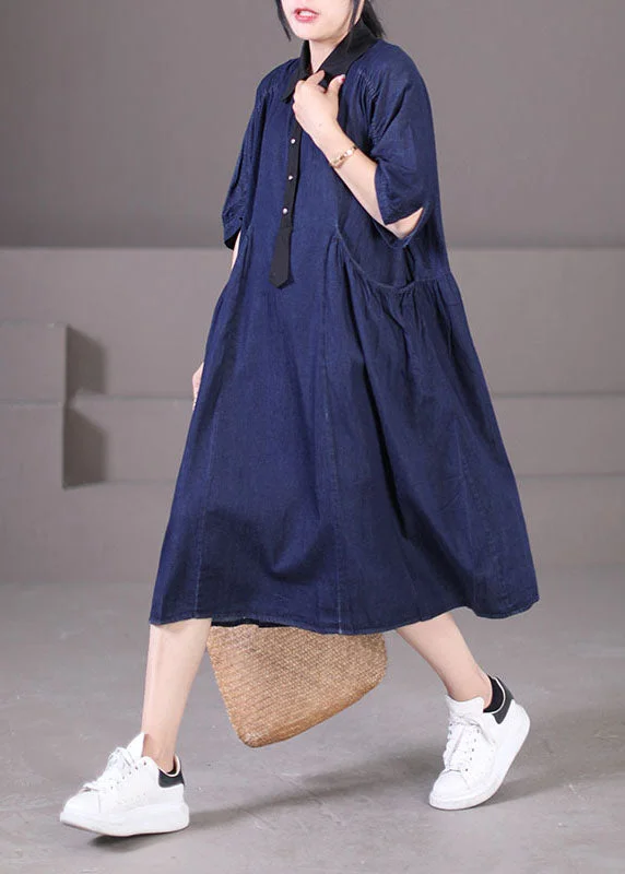 Casual Blue Peter Pan Collar Patchwork Wrinkled Cotton Vacation Denim Dresses Short Sleeve