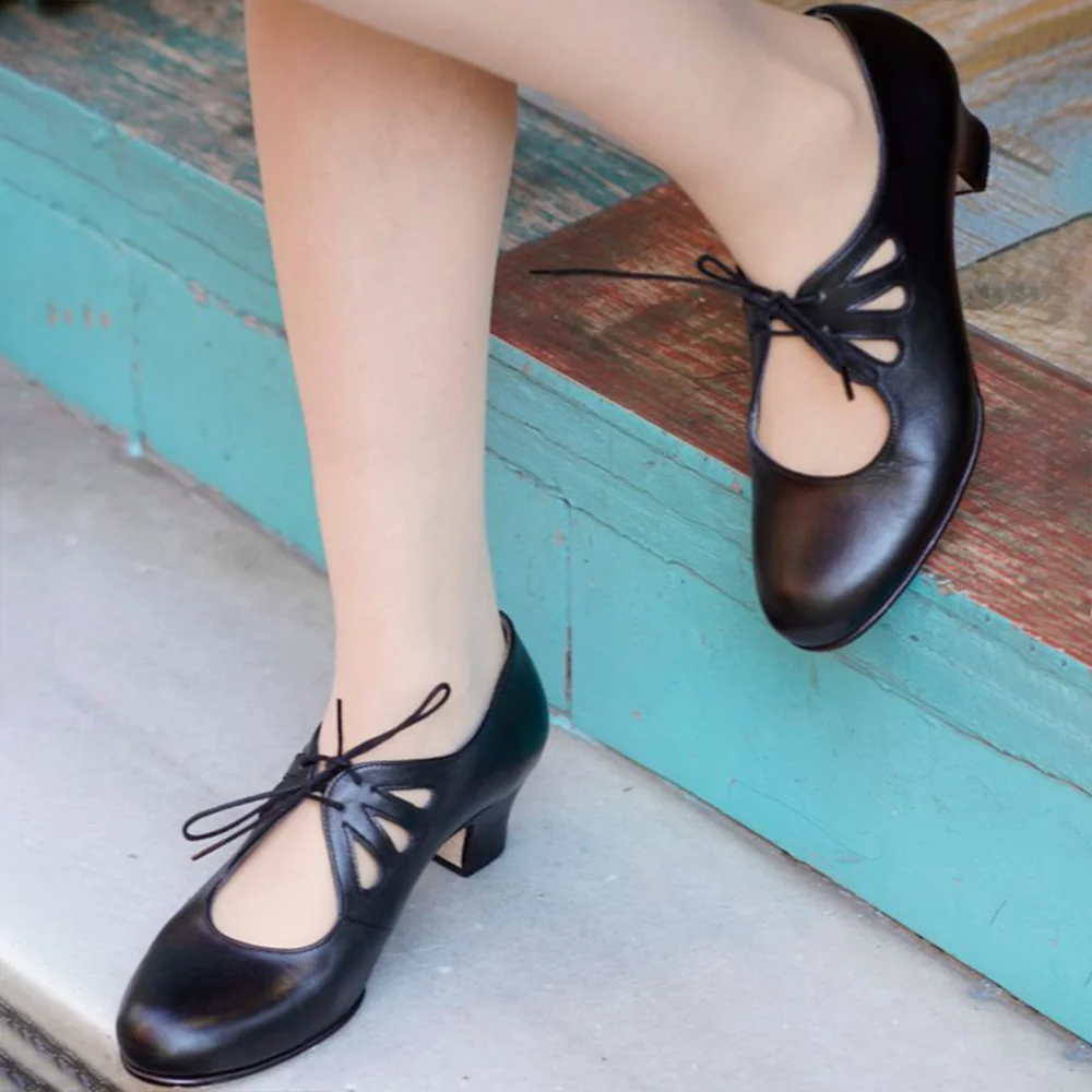 Black Round Toe Chunky Heel Dance Shoes Cut-Out Lace Up Pumps Nicepairs