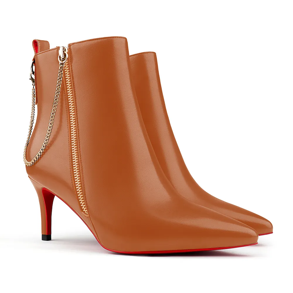 60mm Women's Pointed Toe Metal Chain Kitten Heel Single Strap Red Bottom Booties-vocosishoes