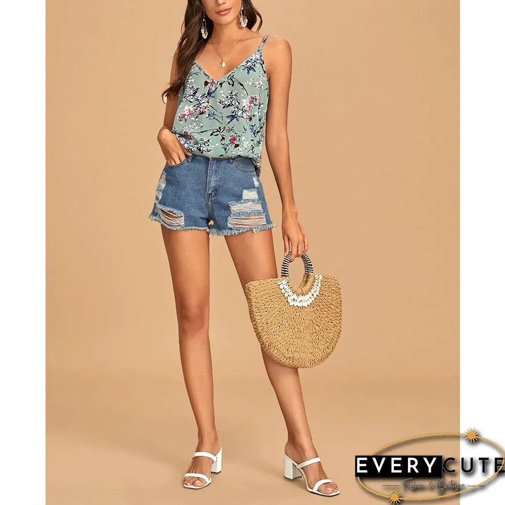 Light Green Spaghetti Straps Floral Print Tank Top