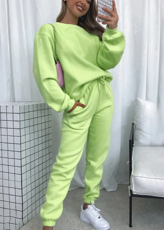 Casual Green Tops And Pants Cotton Two Pieces Set Fall