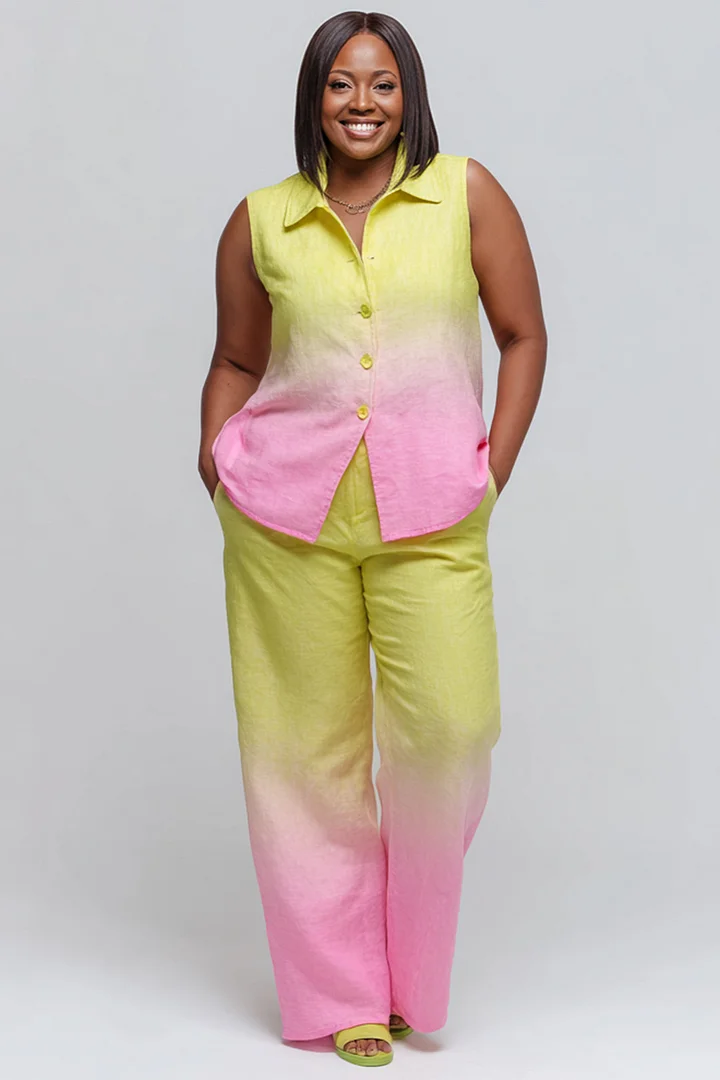 Xpluswear Design Plus Size Business Casual Multicolor Gradient Shirt Collar Pocket Linen Two Piece Pant Sets 2024 - Xpluswear