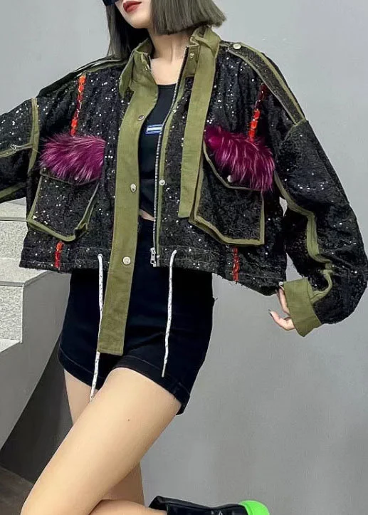 6.10Fine Green Pockets Zip Up Sequins Patchwork Denim Short Coat Spring