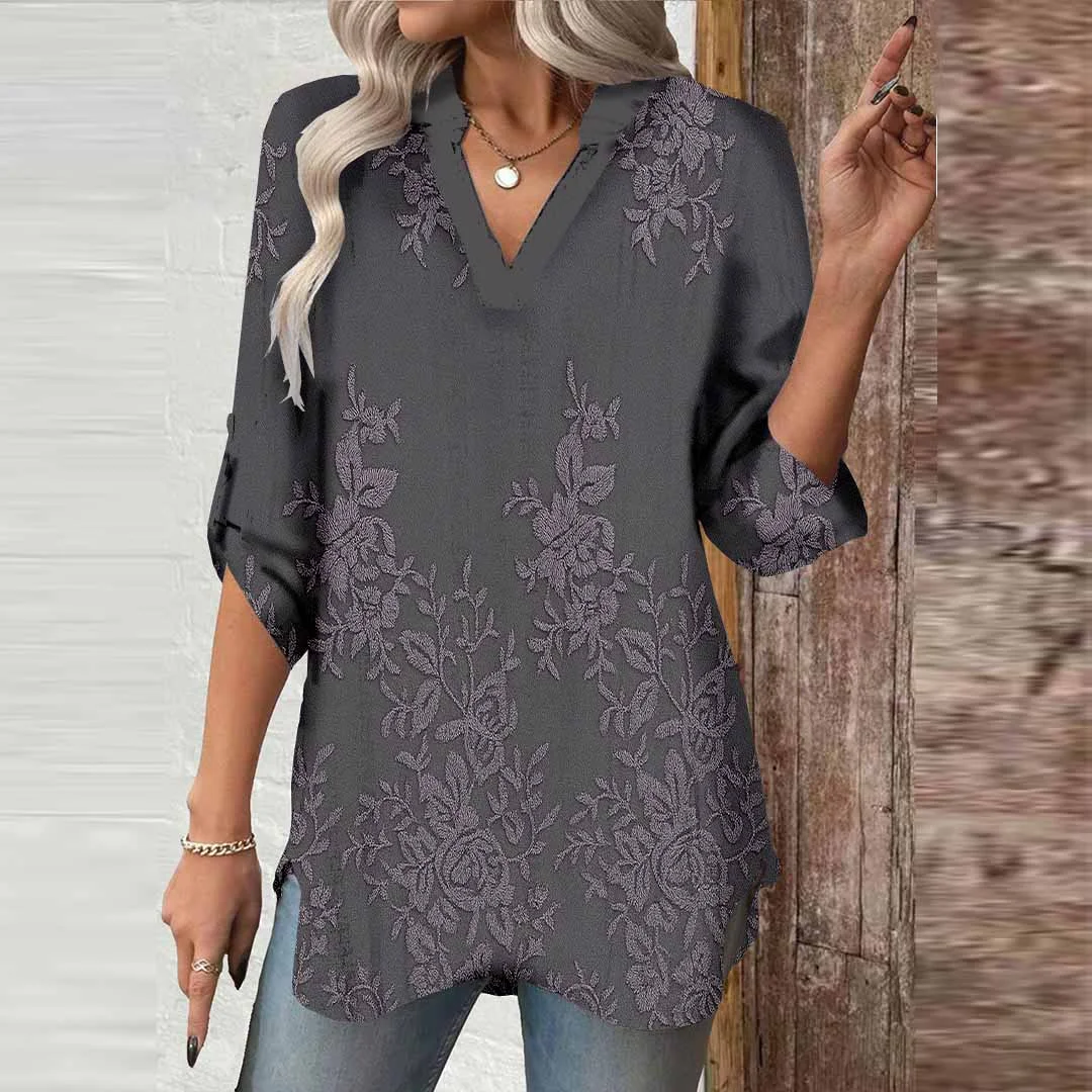 Women Ethnic, Grey, Flowers DZGA0479 3/4 Sleeve V-neck Printed Graphic Button Tops