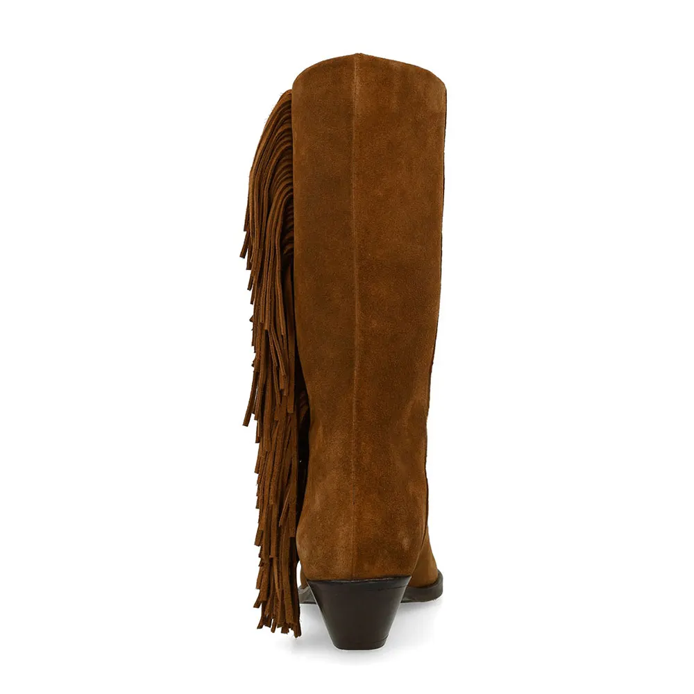Brown Pointed Toe Mid Calf Women's Western Boots with Fringe