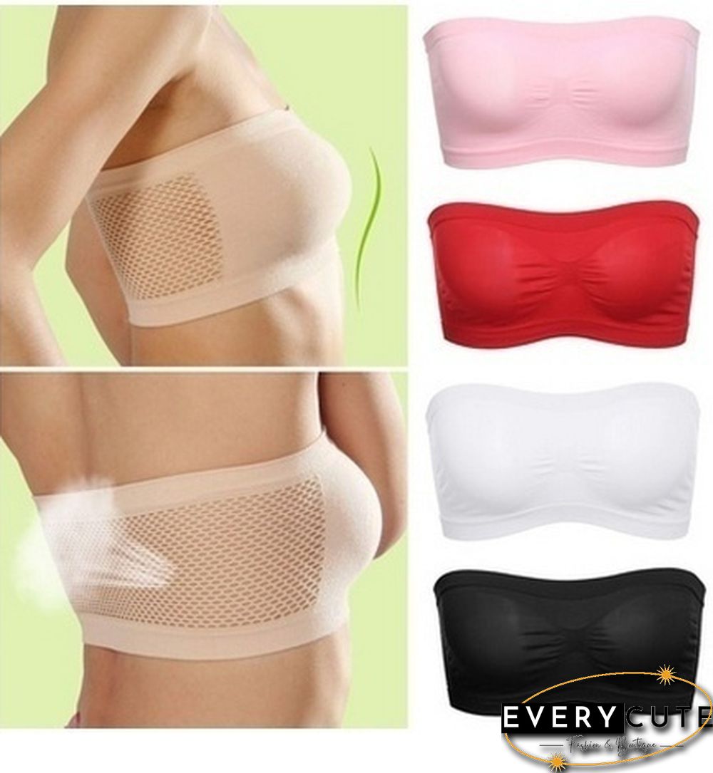 Women Basic Stretch Layer Strapless Seamless Solid Cropped Tube Top Bra Bandeau Underwear