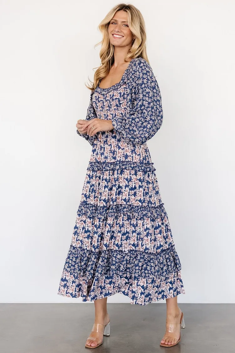Boho Tiered Print Dress - Blue and Cream Floral