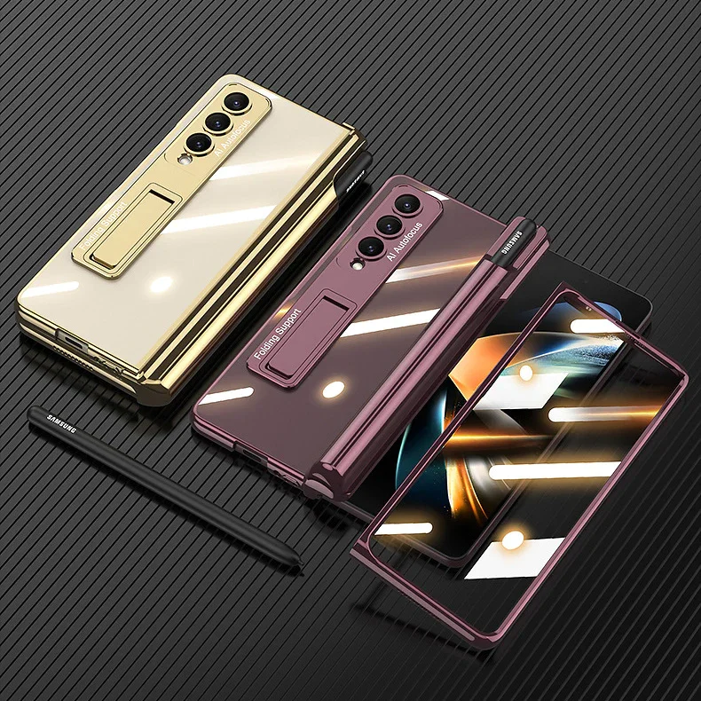 For Samsung ZFold4 Magnetic Hinge Folding Shell Film Electroplating Bracket Pen Slot Mobile Phone Case