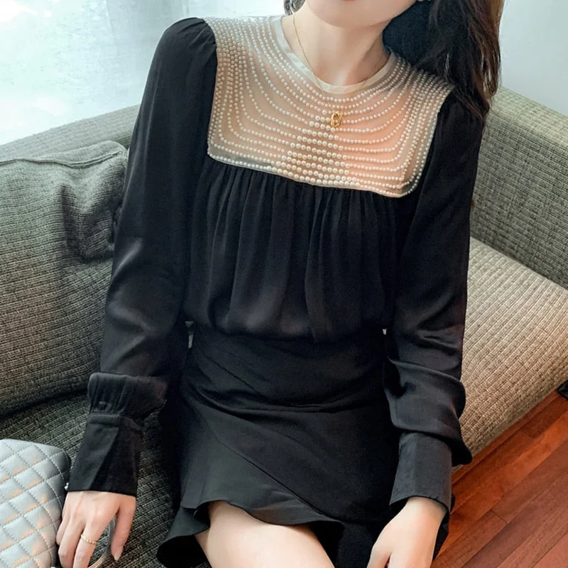 Elegant Mesh Satin Chiffon Shirt Long Sleeve Pleated Loose Vintage Blouse Autumn Casual O-neck Beading Stitching Blouse 17049