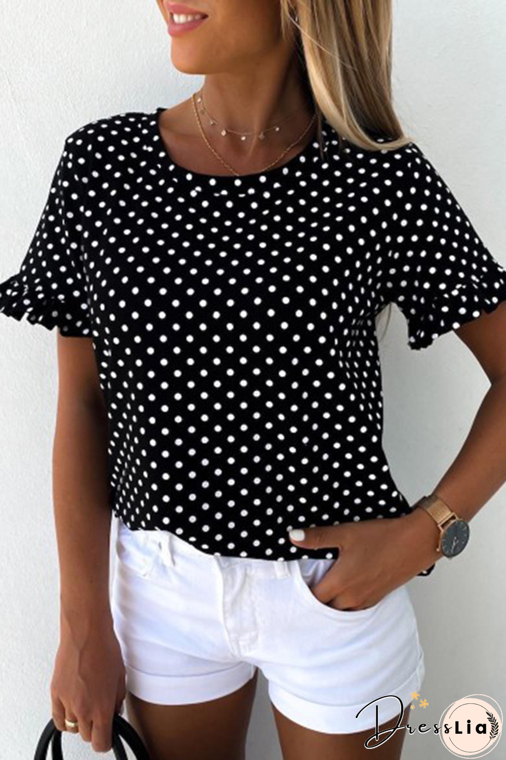 Casual Polka Dot Split Joint O Neck Tops