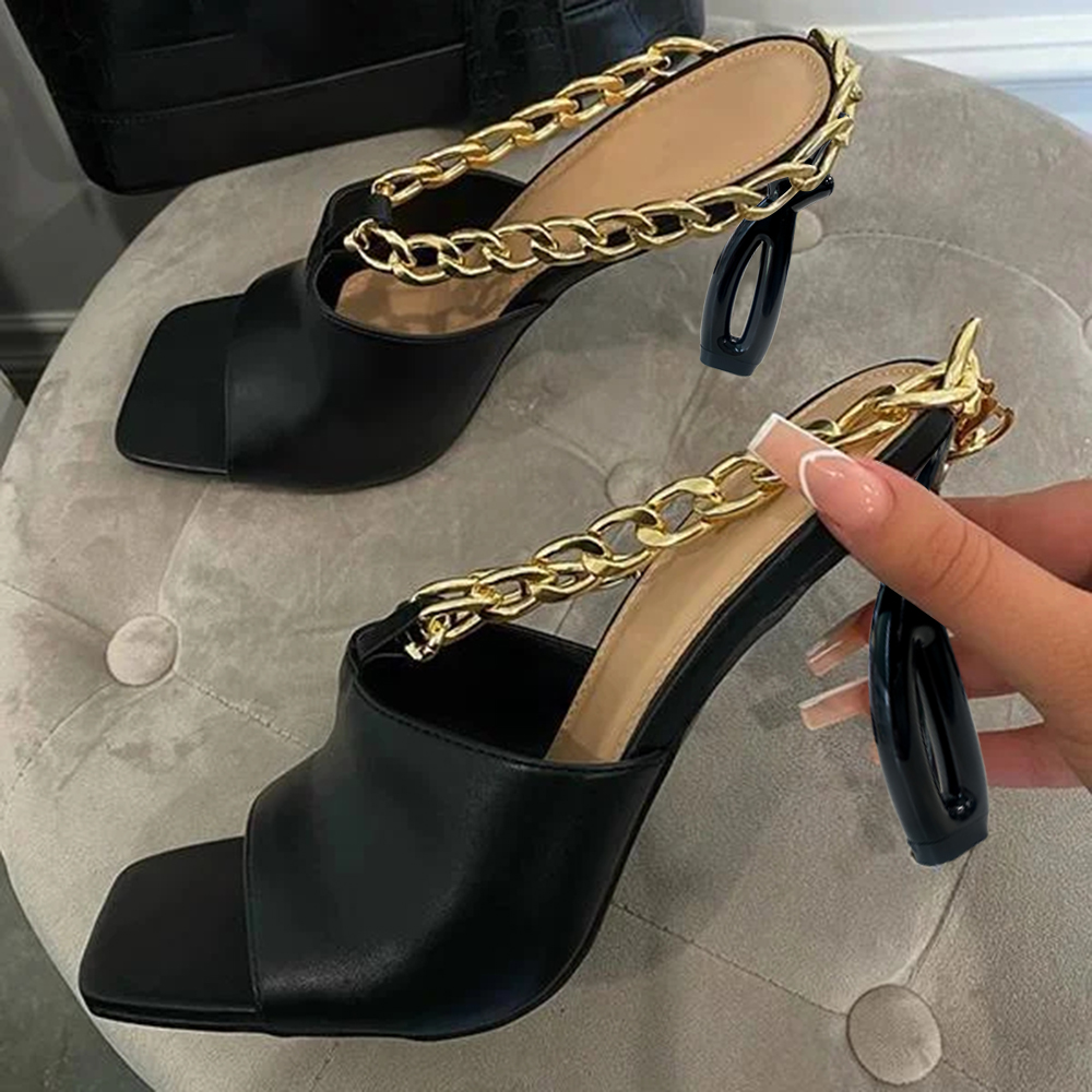 Black Square Toe 3'' Decorative Heel Platform Mules with Gold Chain Nicepairs
