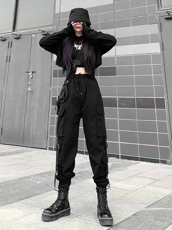 Statement Multi-pockets Streamers Buckle Ankle Banded Pants