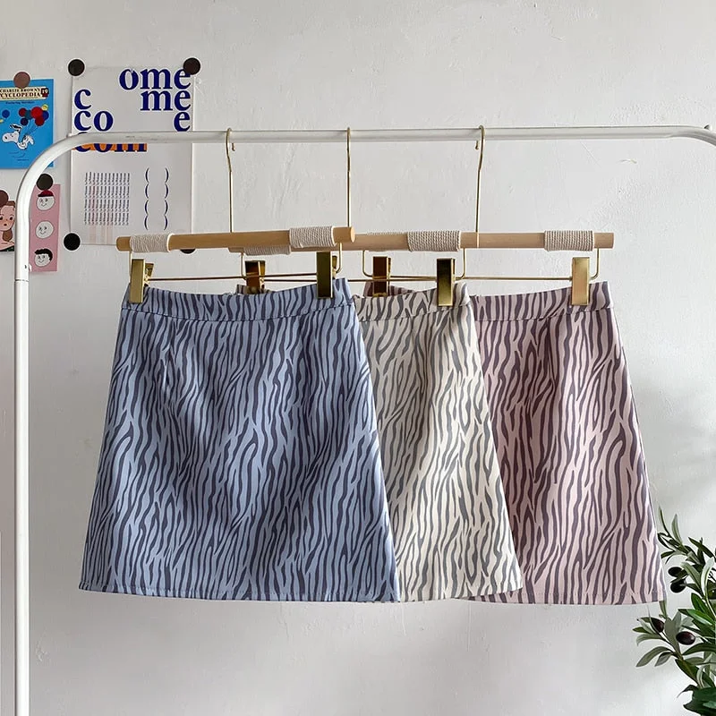 Zoki Elegant Leopard Women Mini Skirt High Waist A Line Zebra Striped Fashion Korean Slim A Line Zipper Mujer Faldas New 2021