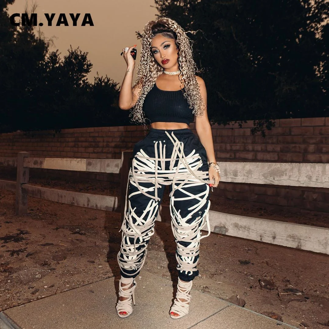 CM.YAYA Streetwear Women Lace Up Strings Pants High Waist Hip Hop Trousers Activewear Sports Jogger Sweatpants