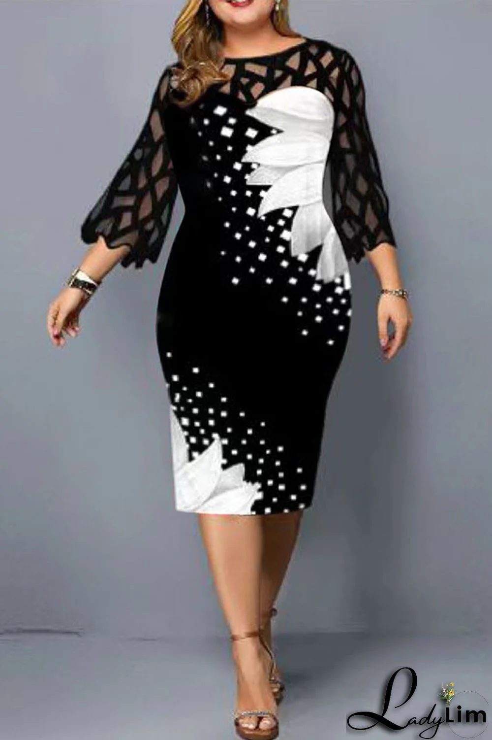 White Fashion Casual Print Lace Split Joint O Neck Printed Dress Plus Size Dresses