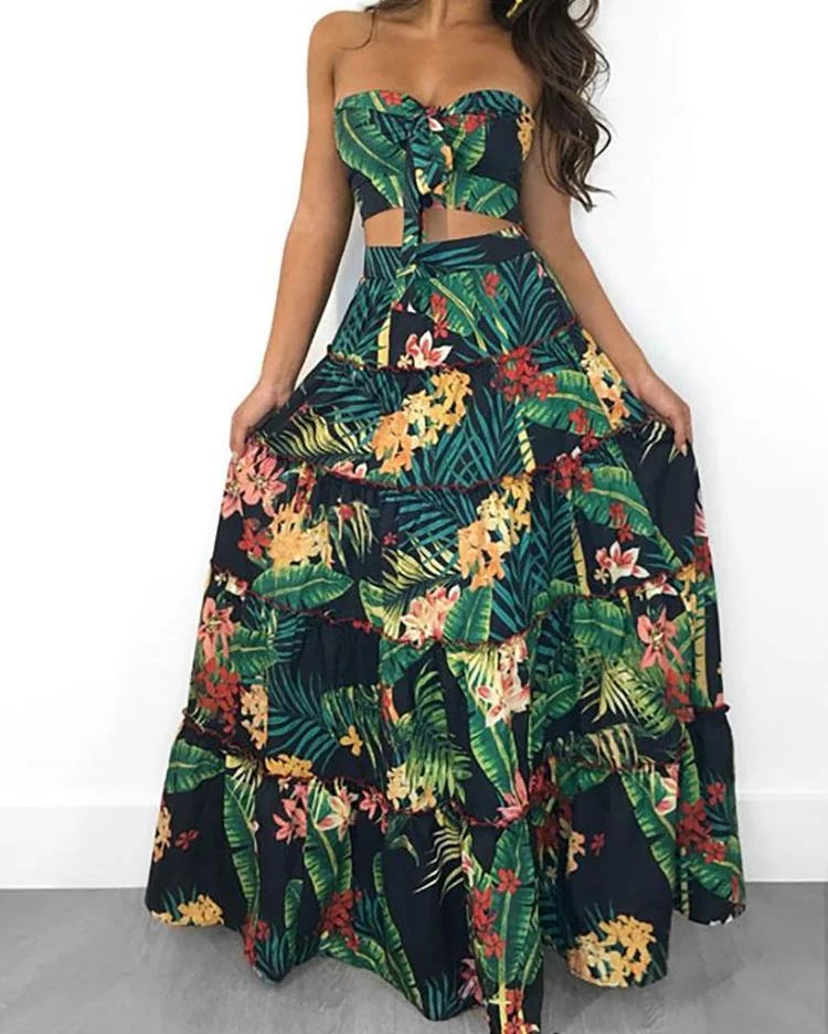 Tropical Print Crop Top & Maxi Skirt Set