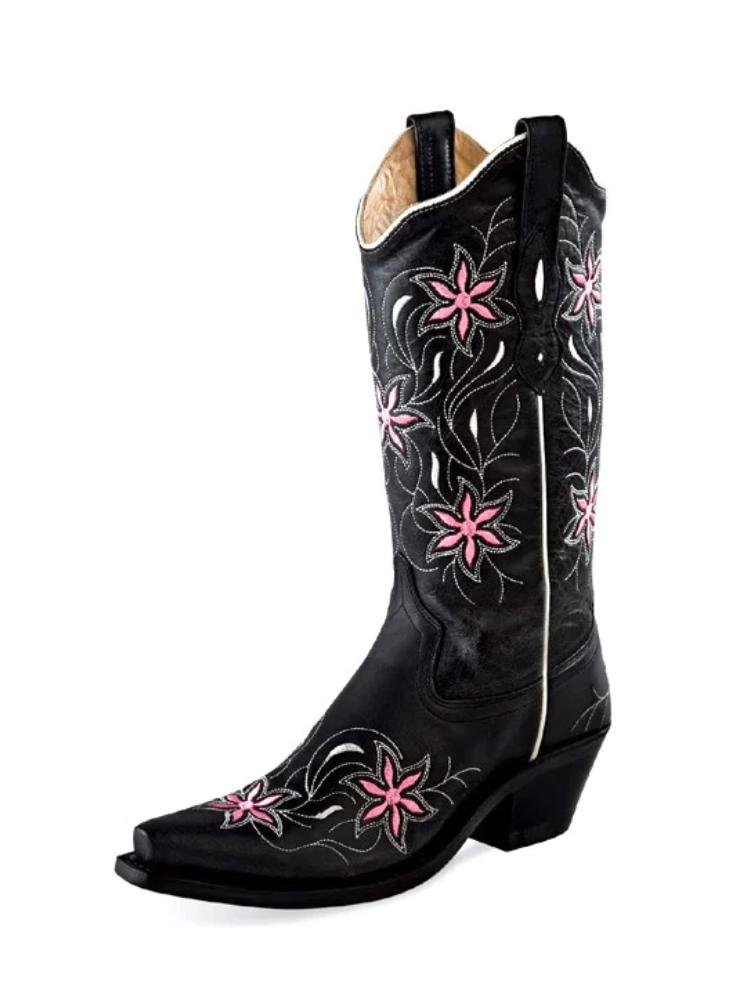 Black Floral Embroidered Snip Toe Slanted Heel Western Mid-Calf Boots
