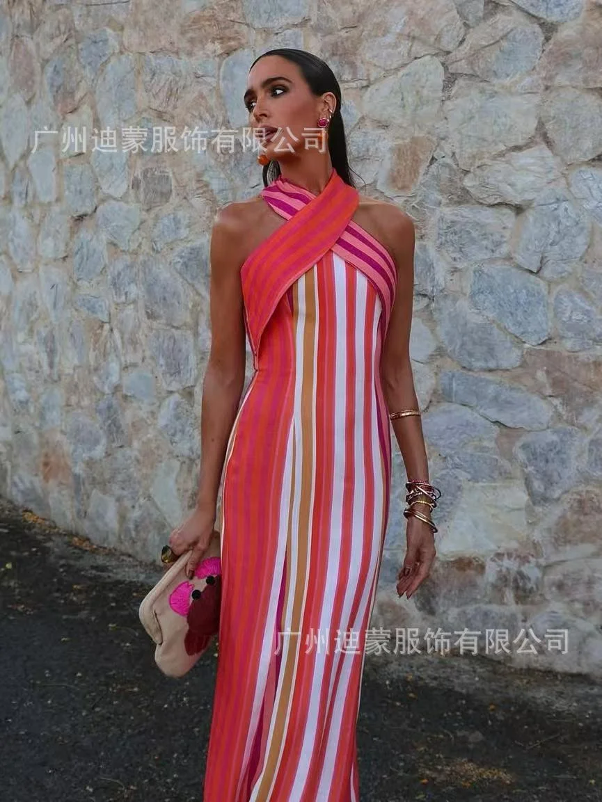 Nigikala Nigikala Women's Clothing Hanging Neck Strapless Pocketed Hips Striped Dress