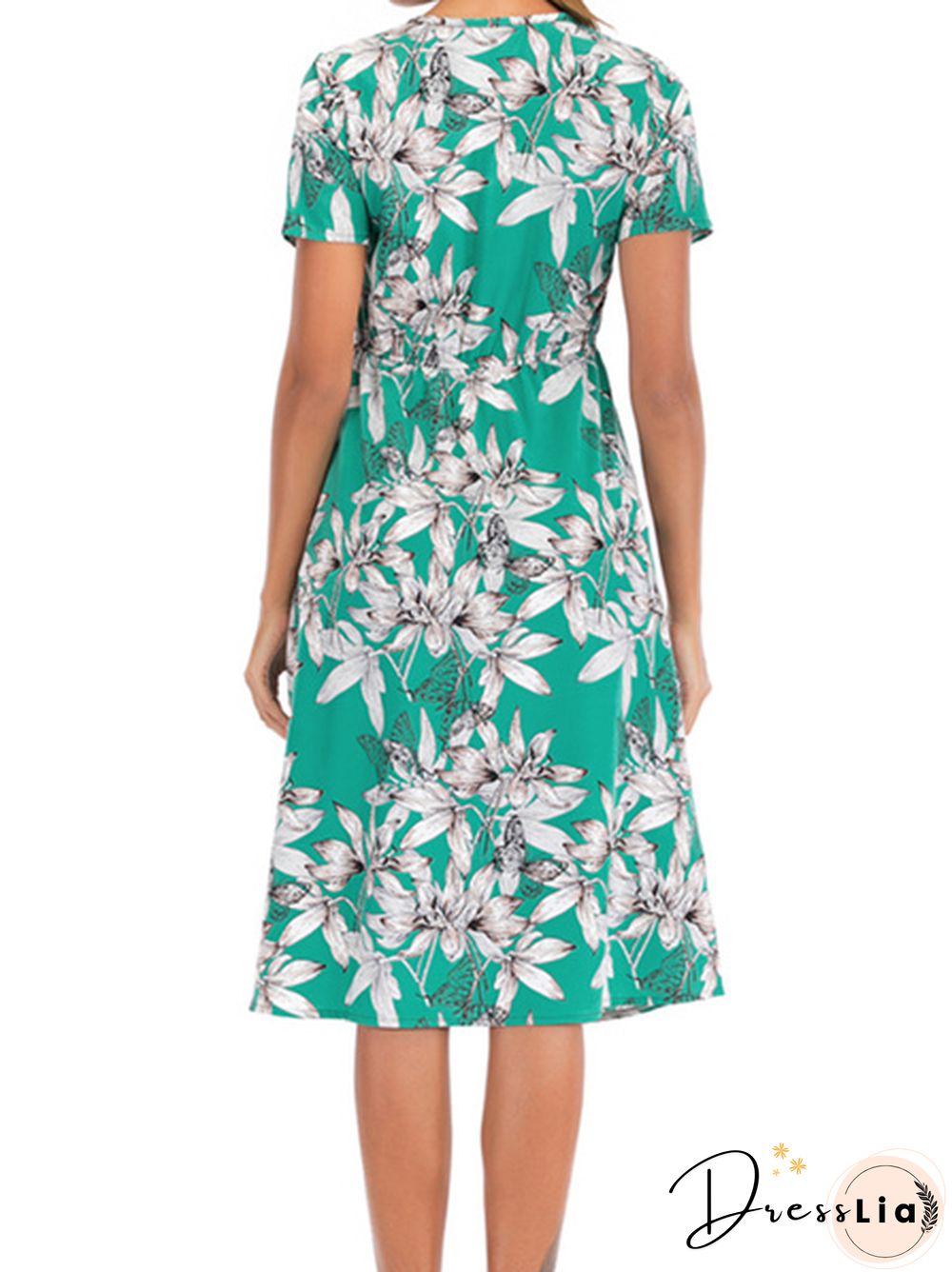 Floral Print V-Neck Half Elastic Waist Dress