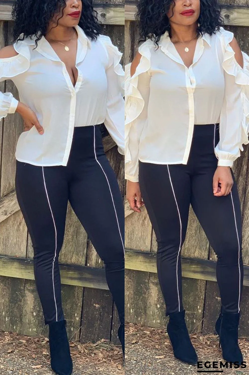 White Mandarin Collar Long Sleeve Stringy selvedge Patchwork Solid Blouses & Shirts | EGEMISS