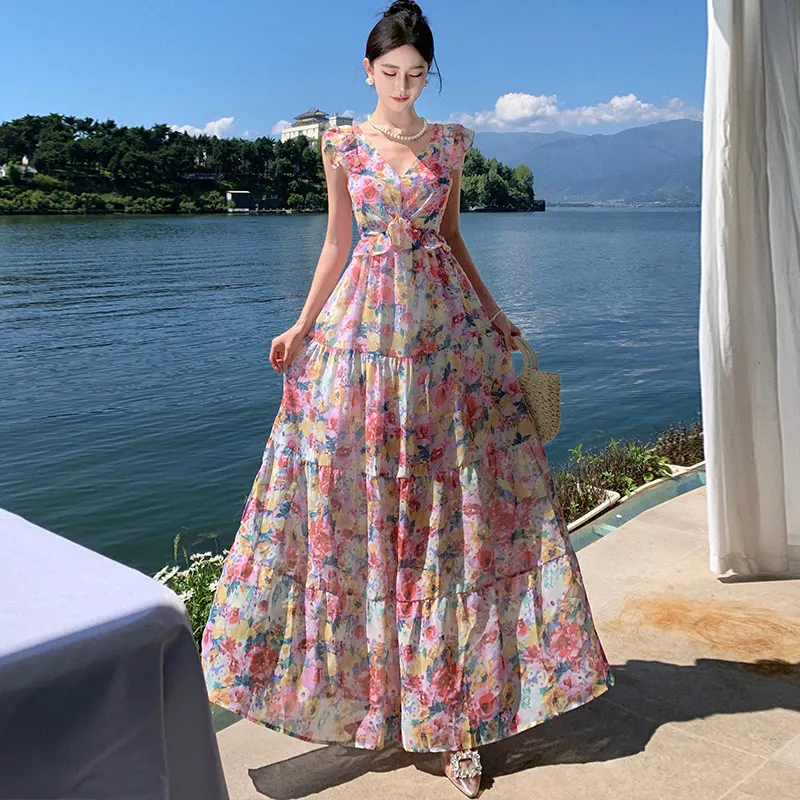 Churchf Churchf Floral Collar Dress Female Tea Break Seaside Vacation Senior Age Reduction Long Skirt Sanya Open Back Lace Skirt