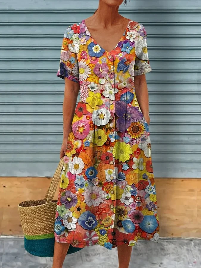 Women's Vintage Elegant Floral Art Pattern Print V-Neck Split Side Pocket Cotton Linen Dress