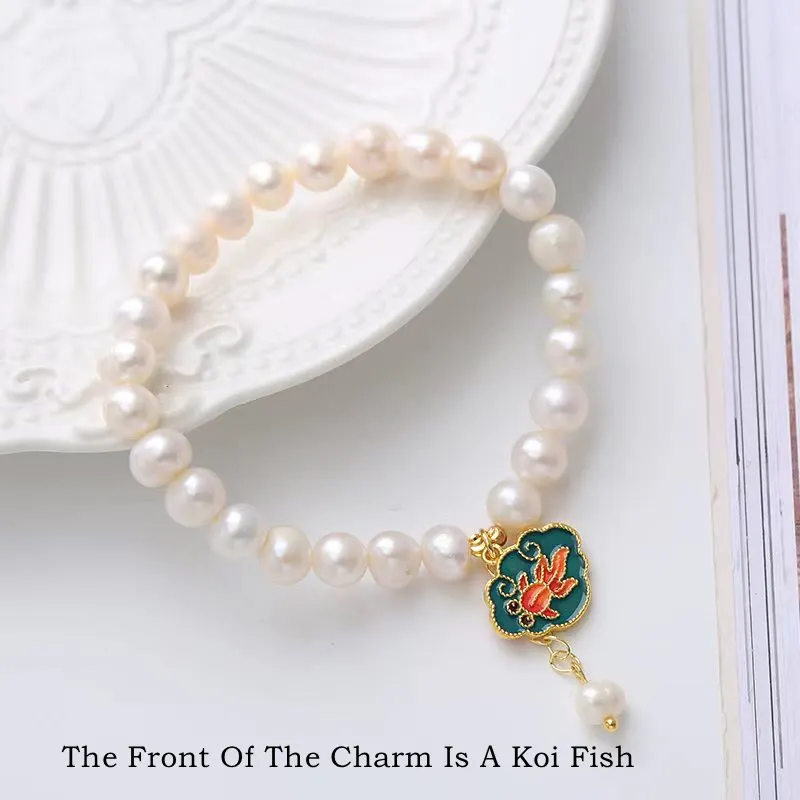Pearl Lotus Koi Fish Goldfish Optimism Charm Bracelet