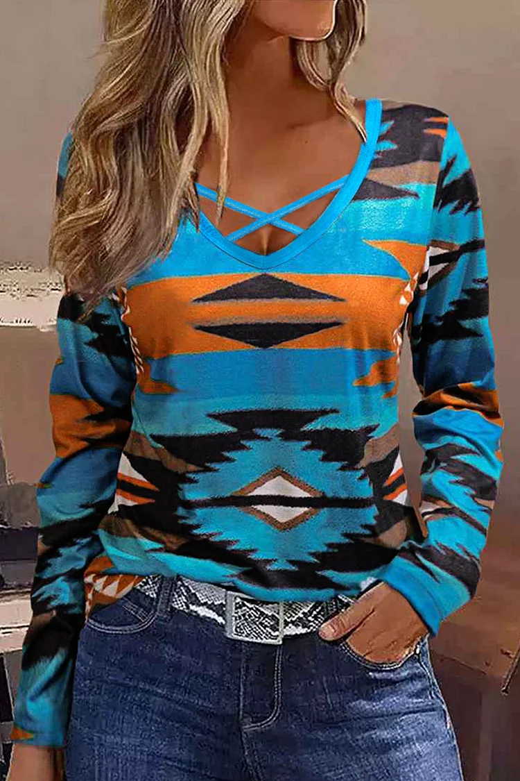 Allover Print Criss Cross V Neck T-Shirt