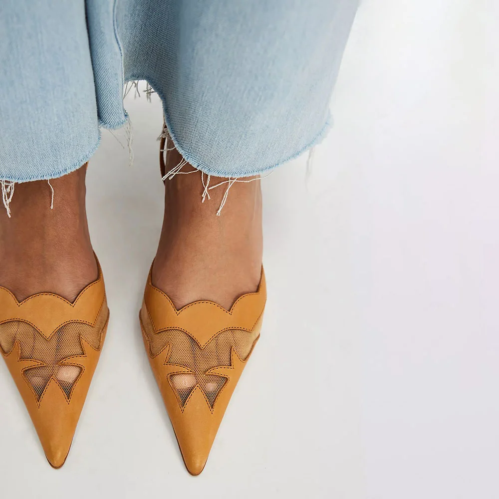 Tan Pointed Toe Patchwork Pattern Kitten Heel Slingback Pumps