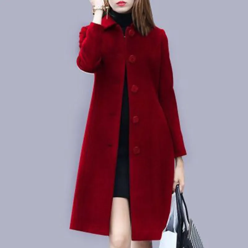 2020 New Fashion British Solid Button Woolen Coat Women Plus Size Long Sleeve Coats Woman Elegant Pocket Slim Outwear Mujer