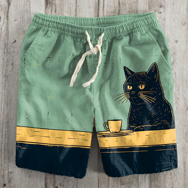 Retro Chilling Coffee Black Cat Contrast Color Casual Shorts