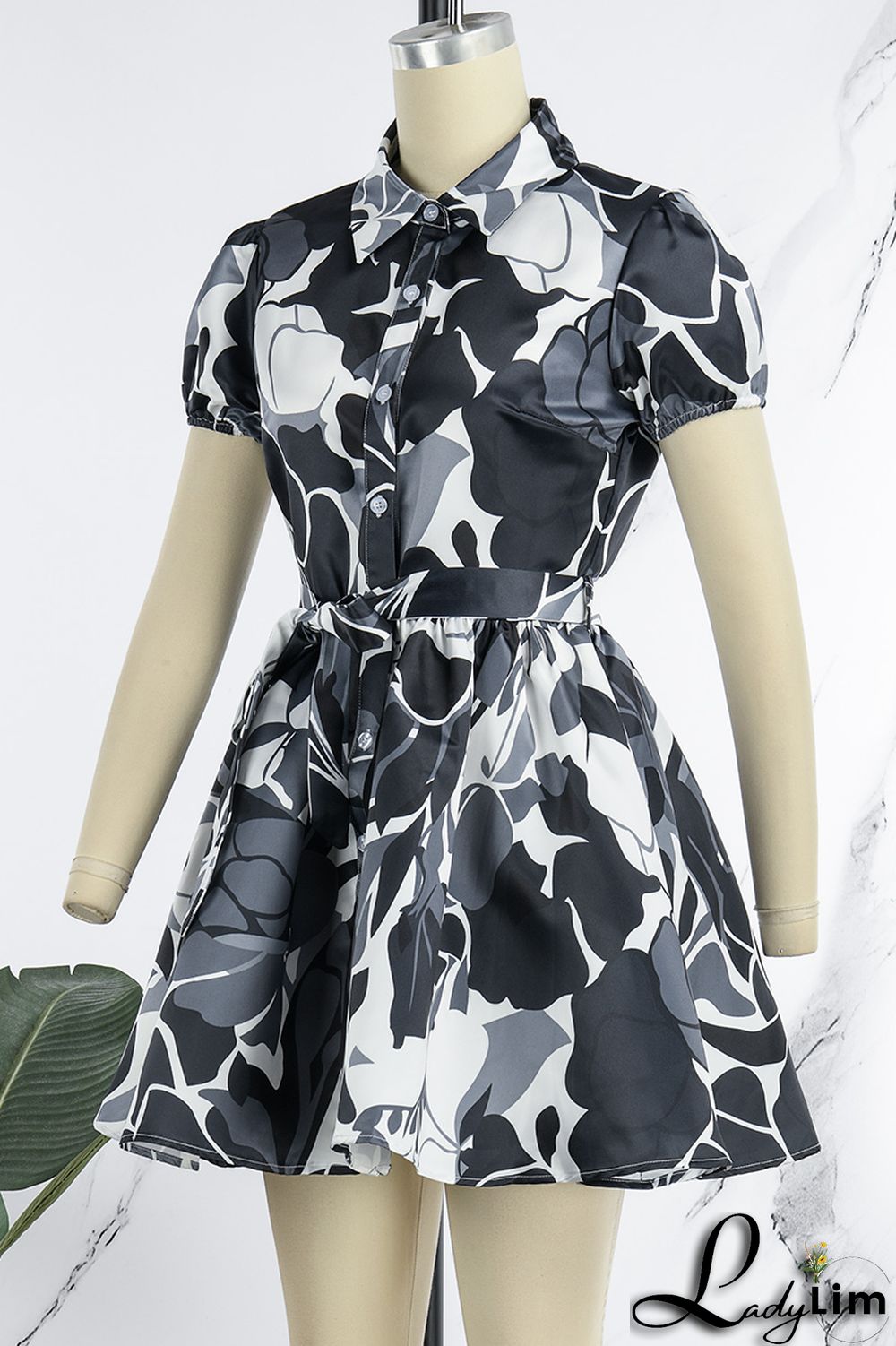 Blue Sweet Print Patchwork Buckle With Belt Turndown Collar A Line Dresses