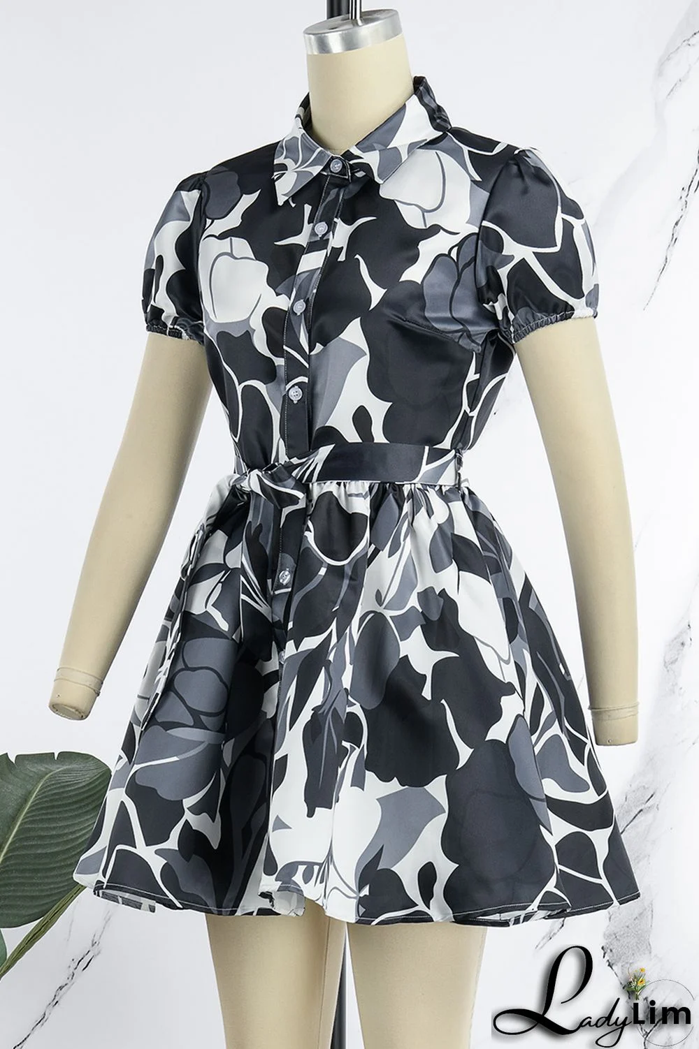 Blue Sweet Print Patchwork Buckle With Belt Turndown Collar A Line Dresses