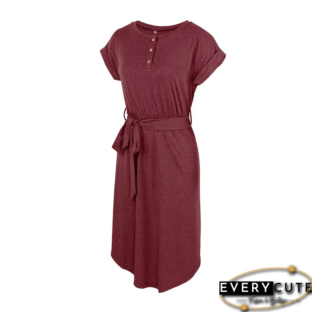Red Button Up Tie Waist Short Sleeve Knit Dress