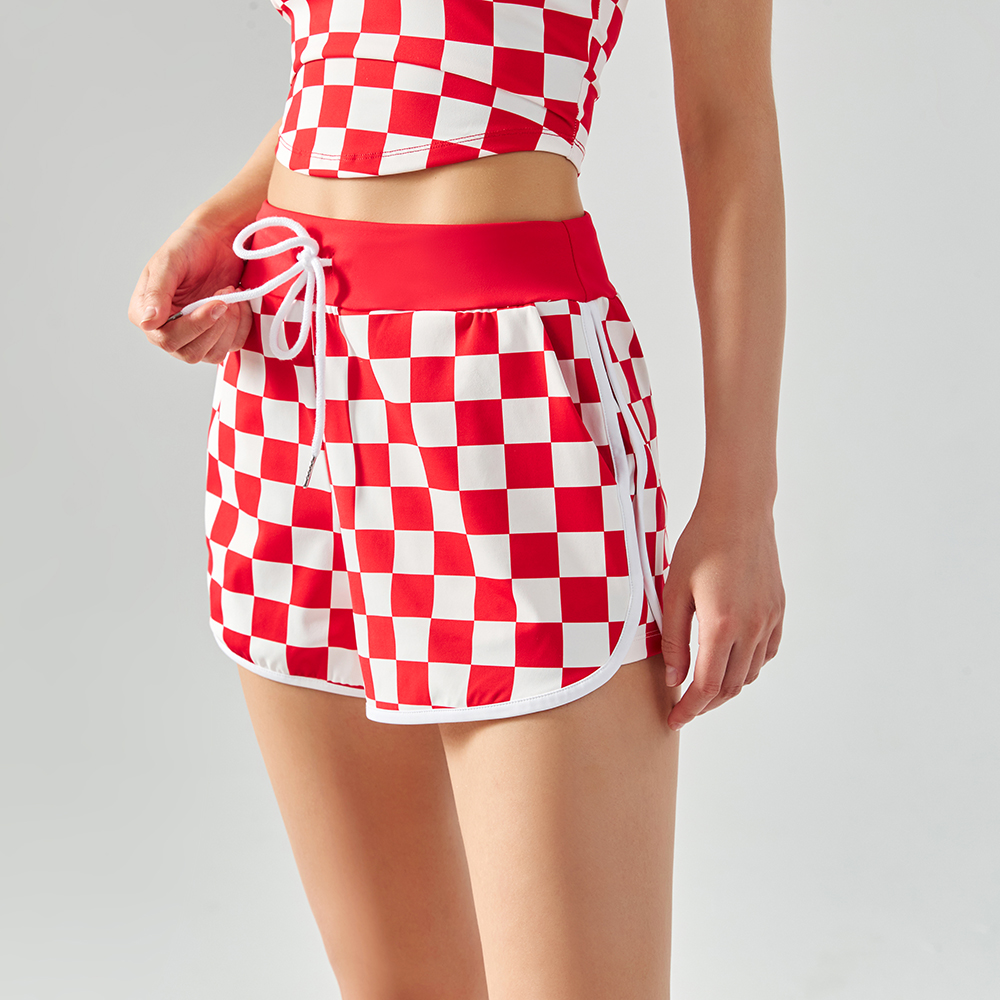 Hergymclothing Red White Plaid high waist split leg opening cool feeling breathable comfort loose running sports fitness shorts with pockets online shopping