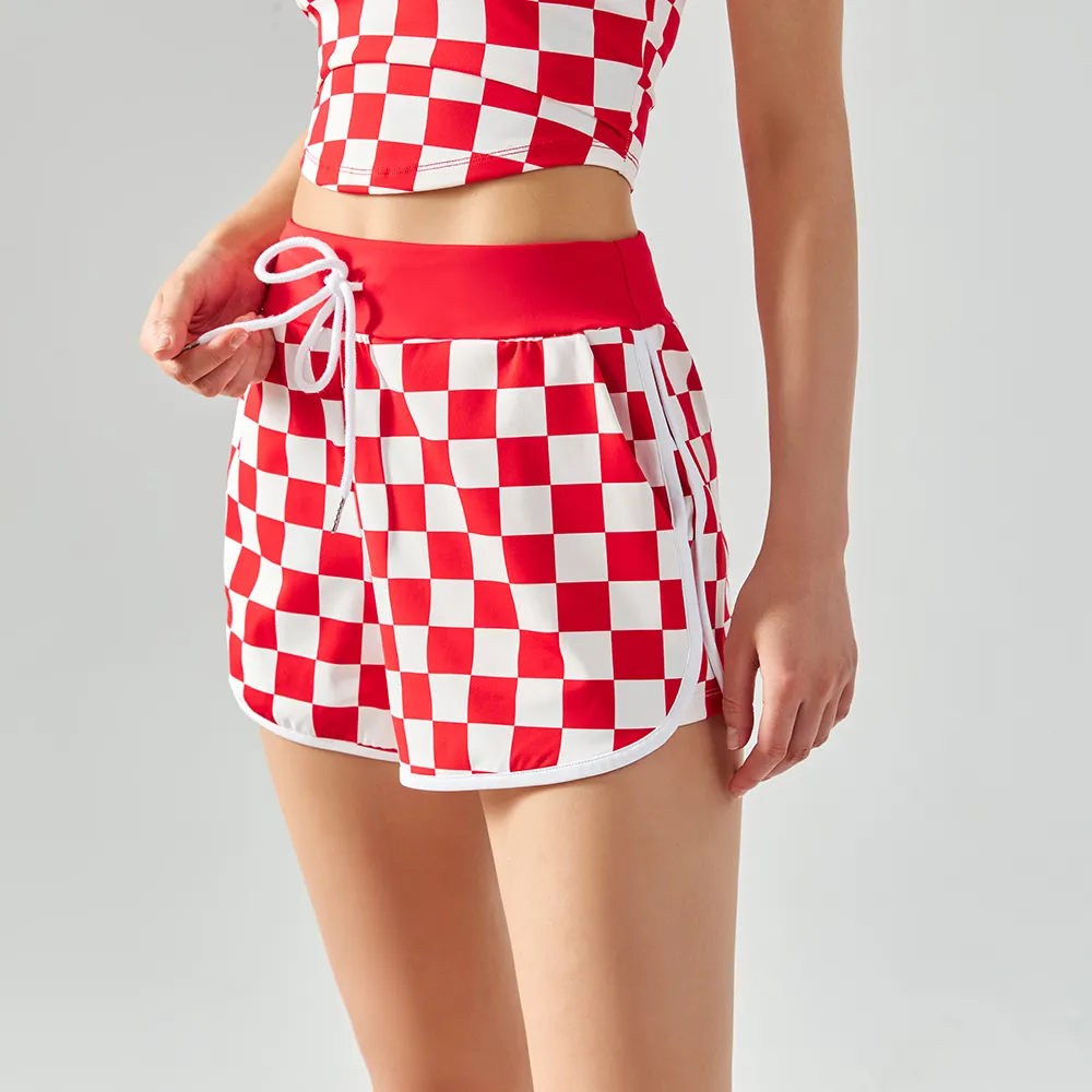 Hergymclothing Red White Plaid high waist split leg opening cool feeling breathable comfort loose running sports fitness shorts with pockets online shopping