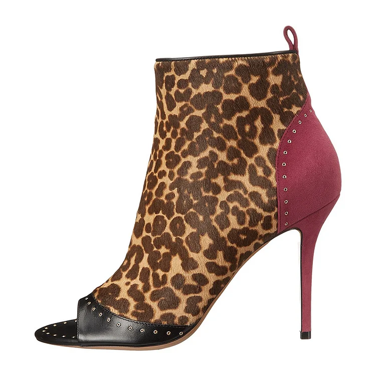 Brown Vegan Suede Horse Fur Leopard Print Boots Peep Toe Ankle Boots |FSJ Shoes
