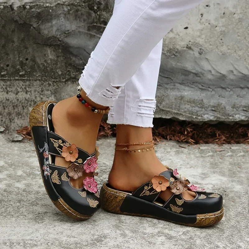 Women's Vintage Tribal Style Floral Slide Sandals Wedge Mule Shoes Clogs Slippers