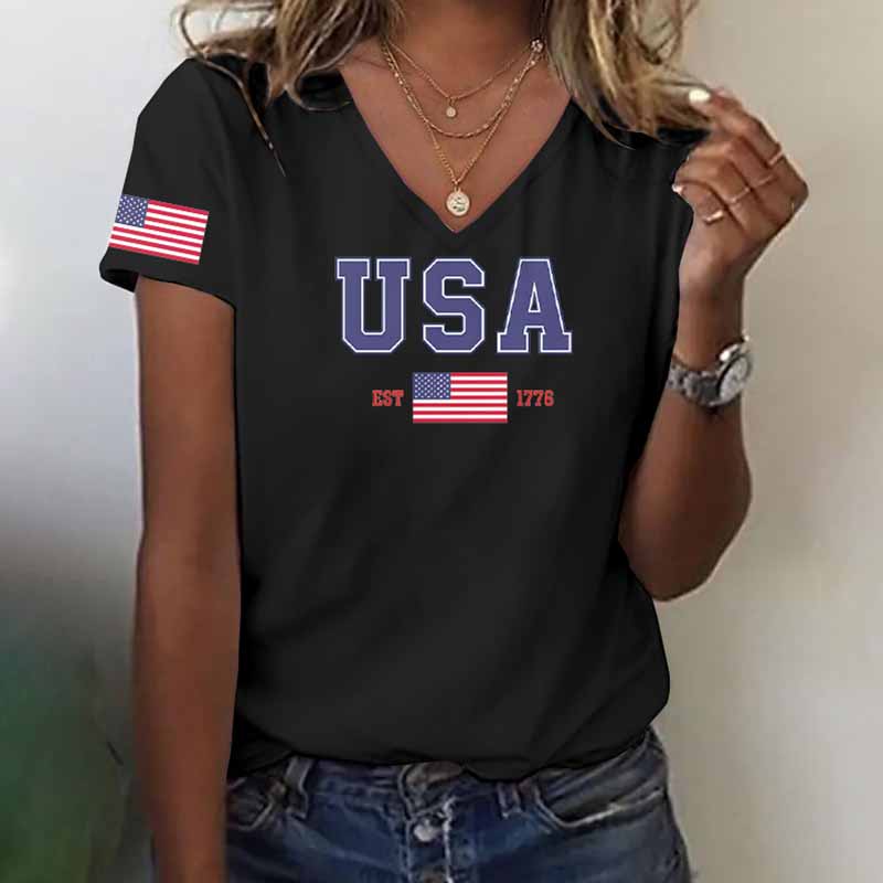 Comstylish Women's American Flag Print V-neck T-shirt
