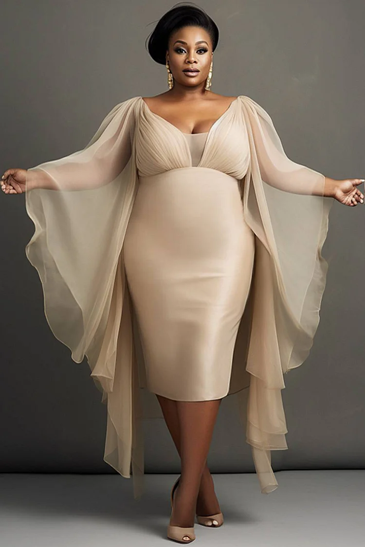 Xpluswear Design Plus Size Mother Of The Bride Champagne V Neck Flare Long Sleeve See Through Satin Midi Dresses [Pre-Order]