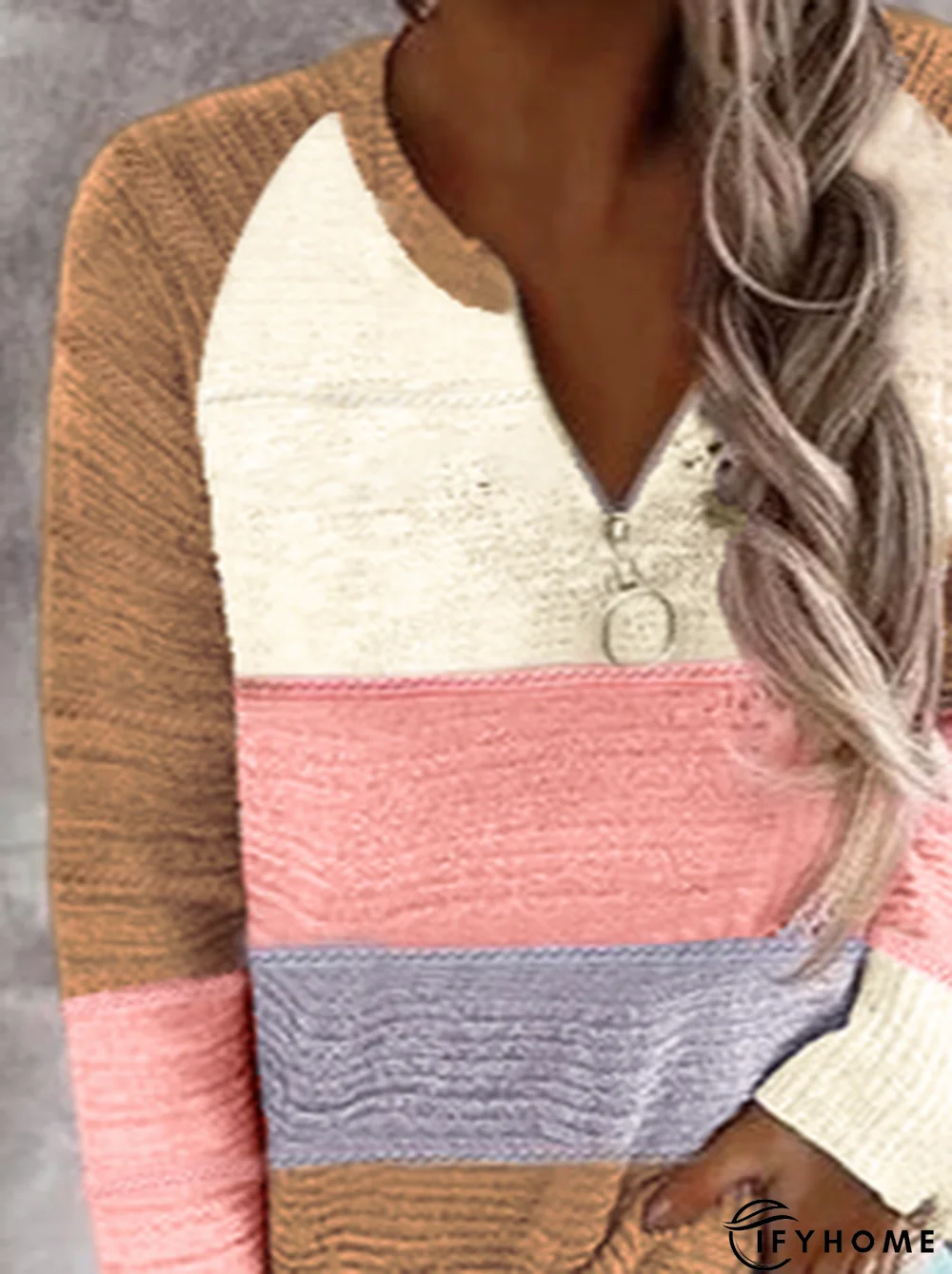 Color Blocking Long Sleeve Shift Casual Sweater with zipper | IFYHOME