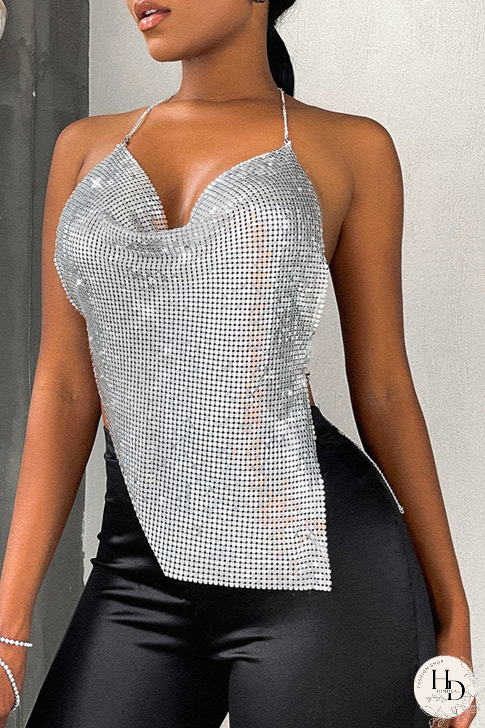 Silver Sexy Solid Split Joint Spaghetti Strap Tops